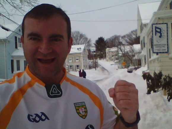 Kevin Friel from Fanad displays his Donegal colours in the snows of Beverly, Boston