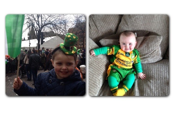 Erin McLaughlin age 4 at Manchester parade and cousin Rory Kennedy with his Donegal kit on