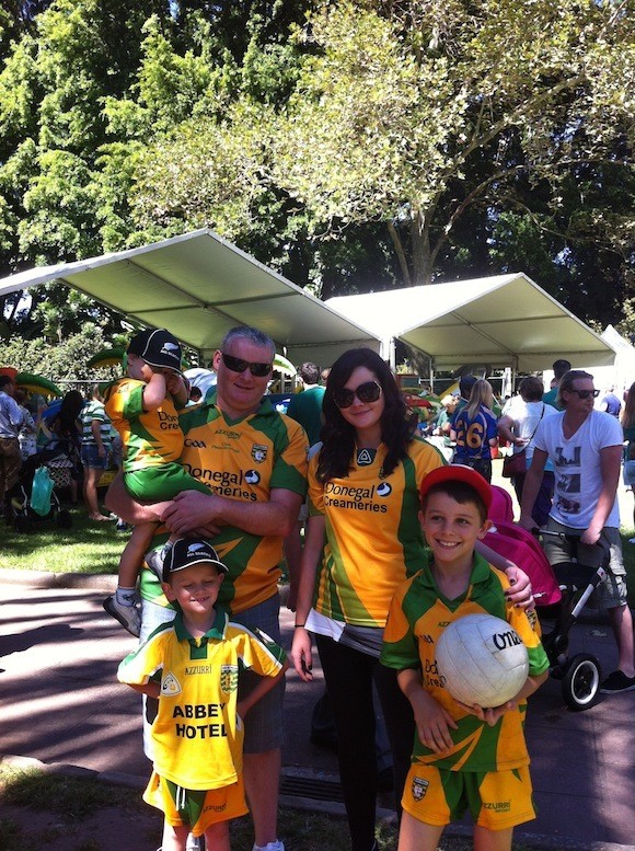 This is a photo of me and my brother Declan celebrating st paddys day in Sydney. I'm Eimear and Declan's children are l-r max, Angus and Cian. We're the Roddens from creeslough, hello to all at home!