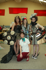  Trash N Fashion Winners with founder Karen Murphy, Karen Murphy School of Speech and Drama.  Fionnuala Gillen, wearing Warrior Princess, (second runner up) from Deela College in Raphoe; Claire McGirr, wearing Media Tech (runner up) from St. Columbas' College in Stranorlar and winner Eimear McLaughlin from Carndonagh Community School wearing Automaton. 