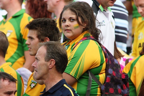 Keeping an eye on the clock as time ticks away for Donegal in the Ulster Senior Football Final in Clones. Pic.: Gary Foy