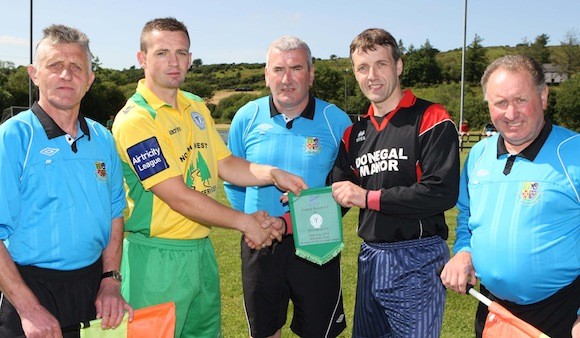 Finn Harps and Copany Rovers team captains Kevin Mc Hugh and Thomas Given pictured with match officials Liam Farren referee, John Mc Glanaghey and Ralph Wilson Linesmen. Pic.: Gary Foy