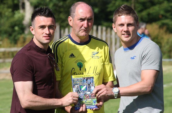 Pictured launching the new Ciopany Rovers book "Celebrating 25 years n the Donegal League" are David Walsh, Denis Mc Mullen and Jason Quigley. Pic.: Gary Foy