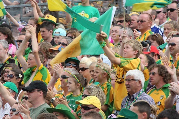 Donegal fans in good spirits as they await the throw-in at St. Tiernachs Park on Sunday. Pic.: Gary Foy