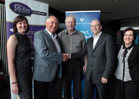 Mark McCollum, co-ordinator, Voice of Older People, Donegal, welcomes Winston Patterson, board member, International Fund for Ireland to the screeneing of a DVD based on interviews with older people from all over Donegal in the Balor Theatre, Ballybofey, on Monday. Also included, from left are, Mary Devlin, Programme Manager, International Fund for Ireland, John McGlinchey, Chairman, Voice of Older People, Donegal and Tracey Bonner, International Fund for Ireland.