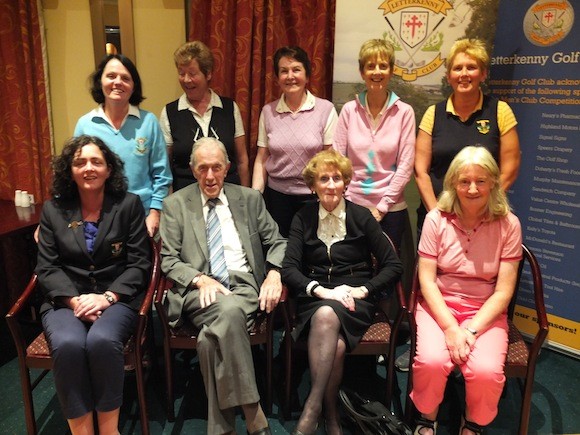 Little Angels Prizewinners l to r Back Row: Angela Kilgallen, Bett Boal, Maureen Shanahan, Trac Spence l to r Front Row: Lady Captain Sandra McMonagle (winner), John and Phil Murray (sponsors), Marian O'Sullivan  