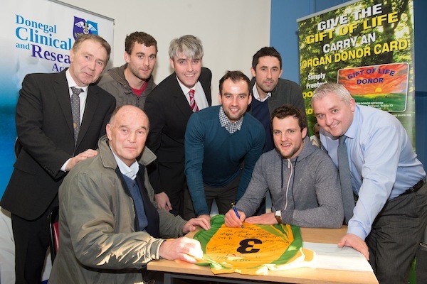 Donegal Clinical and Research Acadmey- back from left  are Kevin Moran , Eamon Magee, Charlie Mcmanus, Karl Lacey, Rory Kavanagh and Pat Shovlin. Seated David Hickey and Michael Murphy.  Photo - Clive Wasson