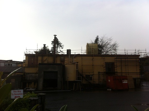 Scaffolding has been erected at the Oatfield factory to remove parts of the building before demolition. Pic by Donegal Daily.