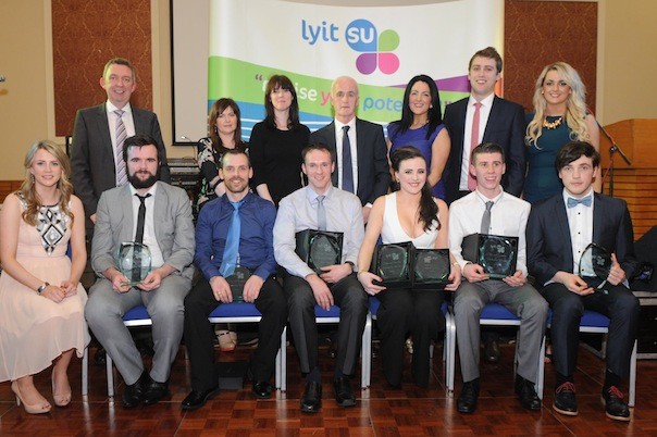 Scholarship Winners for the LYIT Clubs and Societies who received there awards at The Annual LyIT Clubs and Societies Awards evening took place last Thursday in the Radisson Blu Hotel Letterkenny.Pictured fron row (l-r) Maria McBride, Law Society, Kevin Carter, LGBT Society, Gearoid Maguire, Android App Society, Hugh Hunter, Riadh Egan, Canoe Club, Conor Boyd, Gaisce Society, Ian Smyth, LGBT Society.Back Row (L-R) Paul Hannigan President LYIT, Anne-Marie Kelly, Vicky O’ Rourke, Paddy Gallagher Sports officer LYIT, Fiona Kelly Student Admistrator, Brian Mc Elwaine LYIT Student Union President and Tayna Russel Welfare Officer LYIT. Photo by Gerard Mc Hugh.