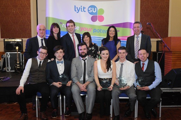 Club award  winners  at The Annual LyIT Clubs and Societies Awards evening took place last Thursday in the Radisson Blu Hotel Letterkenny are front row (l-r) Adam Crossan, Ian Smyth and Kevin Carter LGBT, Riadh Eagan Canoe Club, Conor Boyd Gaisce Society and John Mc Clean Gardening Society. Back Row (L-R) Paddy Gallagher Sports officer LYIT, Vickey O' Rourke, Brian Mc Elwaine LYIT Student Union President, Anne-Marie Kelly,  Fiona Kelly Student Admistrator and Paul Hannigan President of LYIT. Photo by Gerard Mc Hugh.