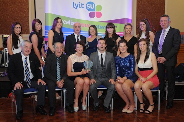 Members of the LYIT Ladies soccer team who won team of the year at The Annual LyIT Clubs and Societies Awards evening took place last Thursday in the Radisson Blu Hotel Letterkenny.Included in the photo with team members are Patsy Mc Gonagle,Tommy Harkin and Niall Mc Gonagle team Coaches ,Paddy Gallagher sports officer and Paul Hanningan LYIT president.Photo by Gerard Mc Hugh