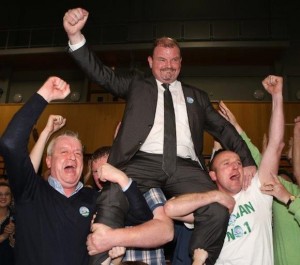 Ciaran Brogan and supporters celebrate: Pix North West News Pix