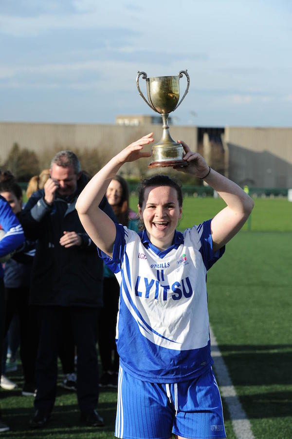 Team captain Geraldine McLaughlin from Letterkenny IT pictured with the Donaghey Cup after defeating Blanchardstown IT in Dublin on Tuesday, Geraldine was awarded player of the match also having scored 4 goals and 12 points in the game. (photo Paddy Gallagher)