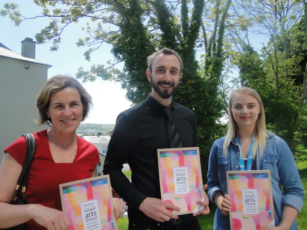 Pictured at the launch of the 28th Earagail Arts Festival is Rosemary Russell and her colleague from Pramerica with the festival's Arts Administrator, Tomas Bamford.